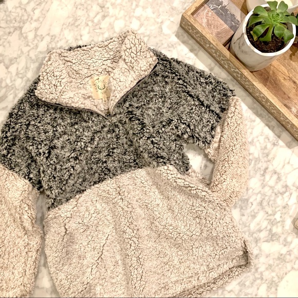 Cecile Charcoal Taupe Sherpa Pullover Sweater - Picture 2 of 6